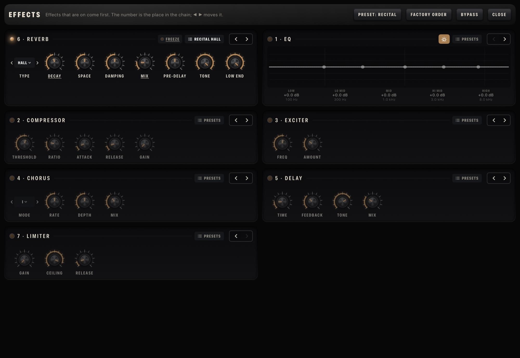 Tonic AP — Effects: the rack voiced for piano — reverb, EQ, compressor, exciter, chorus, delay and limiter