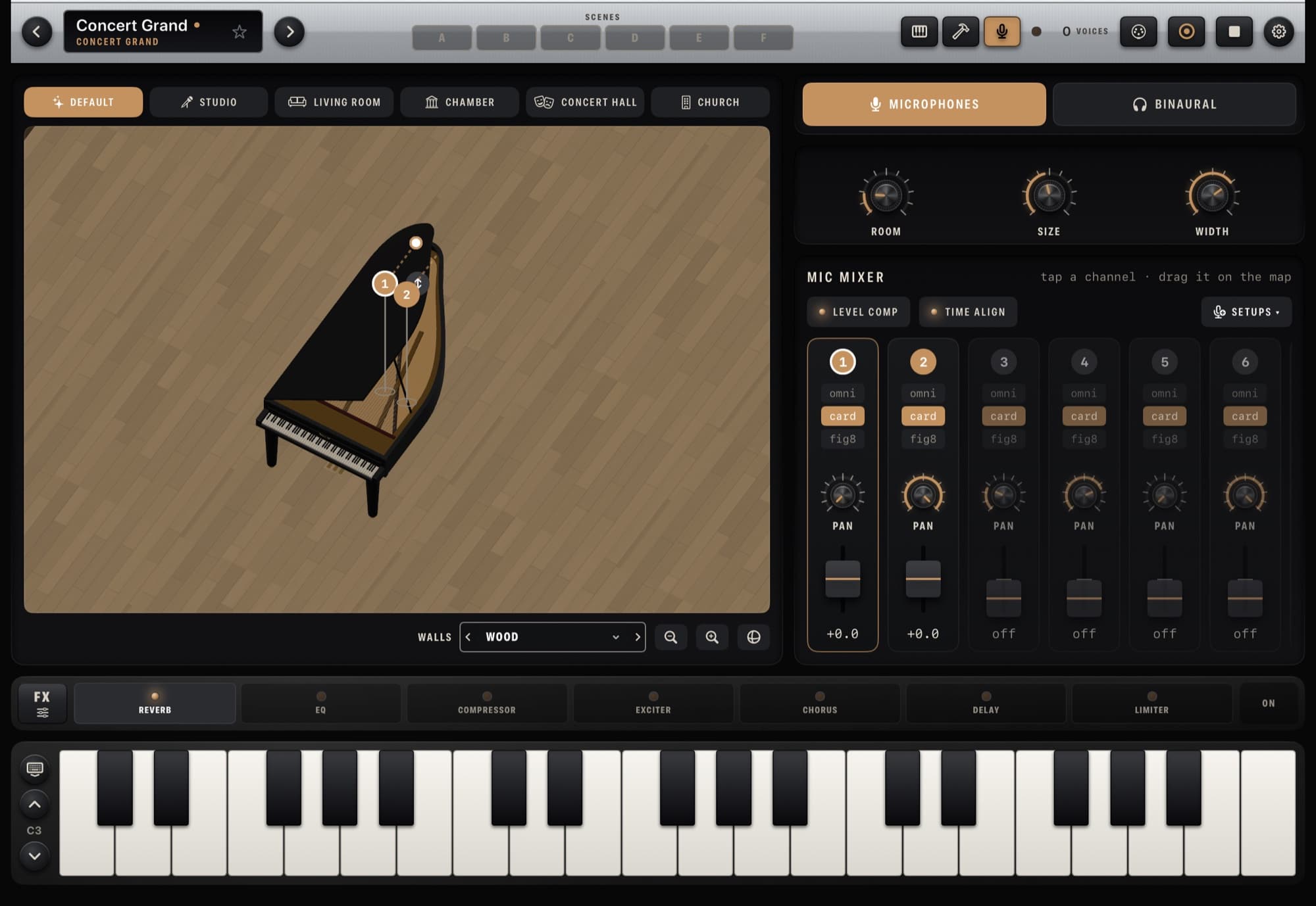 Tonic AP — Listen: microphones around the piano, in the room, with the mic mixer