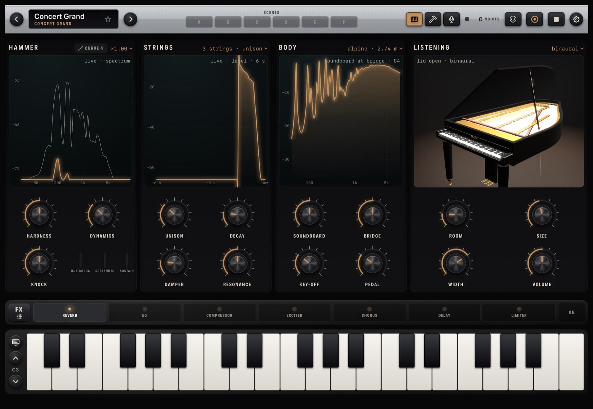 Tonic AP — Play: the hammer, the strings, the body and the listening, with live graphs