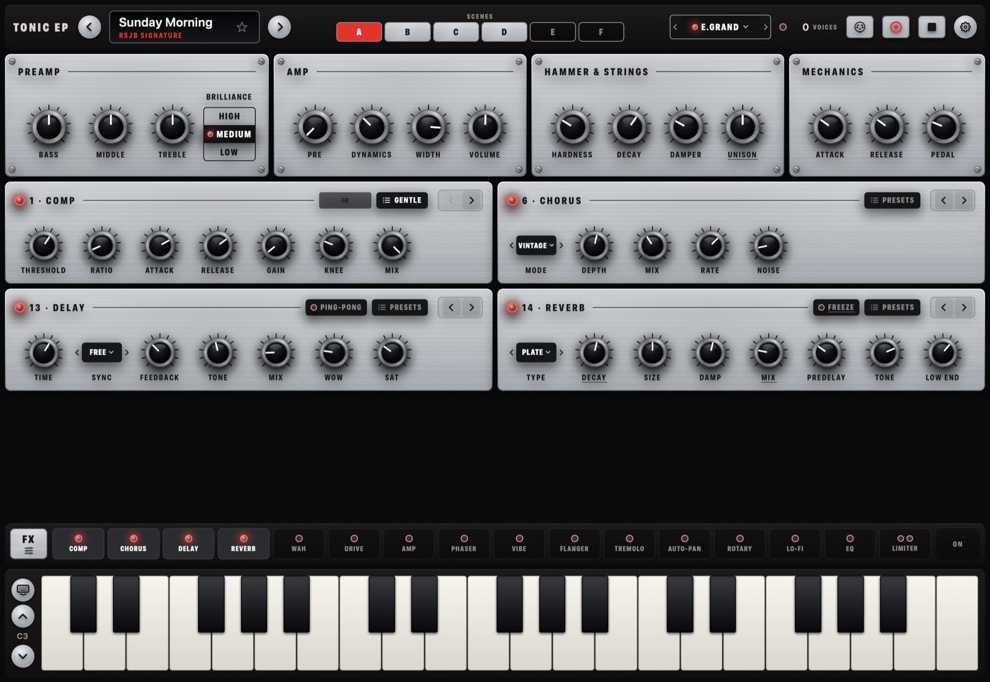 Tonic EP — Physically modelled electric piano — tine, reed & E.Grand, AUv3 + standalone — iPhone, iPad & Mac (2)