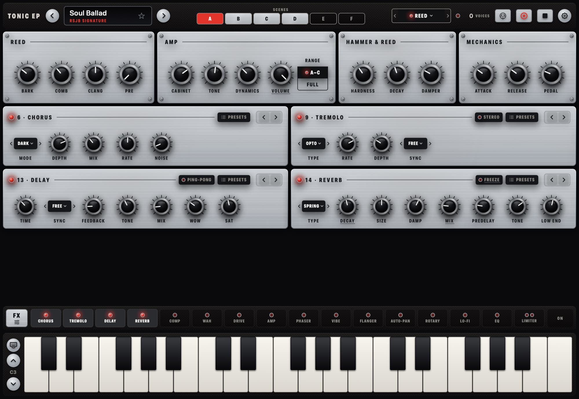 Tonic EP — Physically modelled electric piano — tine, reed & E.Grand, AUv3 + standalone — iPhone, iPad & Mac (3)
