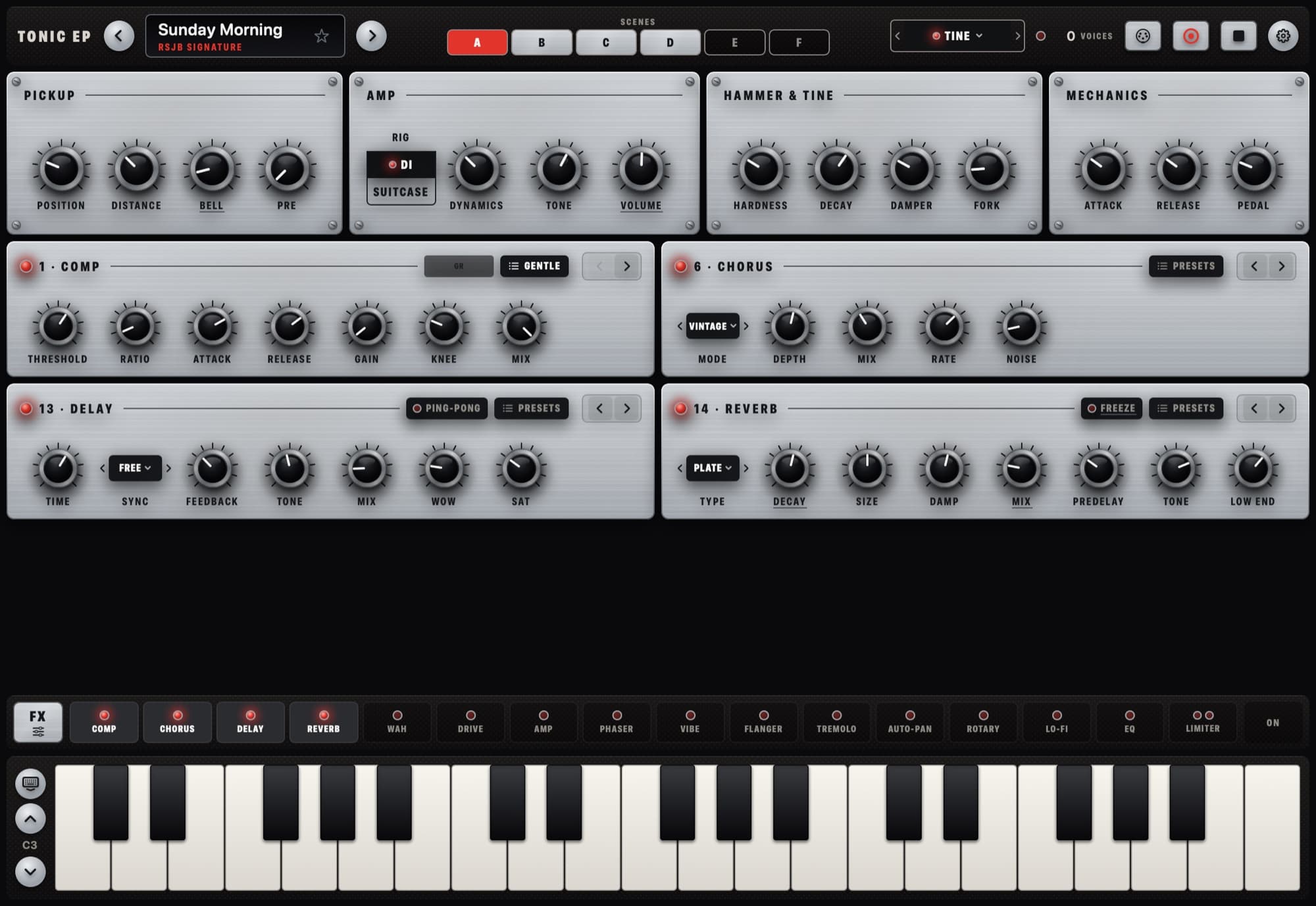 Tonic EP — Physically modelled electric piano — tine, reed & E.Grand, AUv3 + standalone — iPhone, iPad & Mac (1)