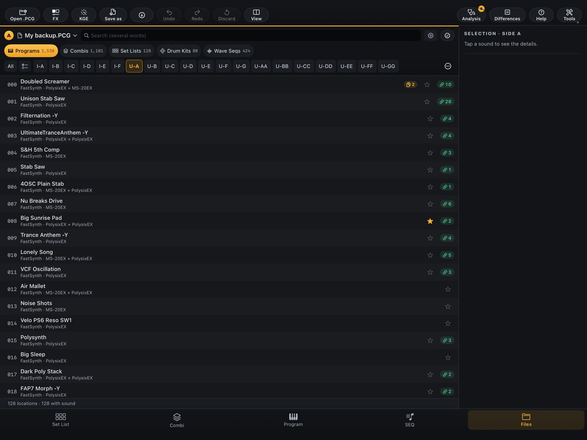 KR Editor’s Files screen with a .PCG backup open: the Programs of bank U-A
