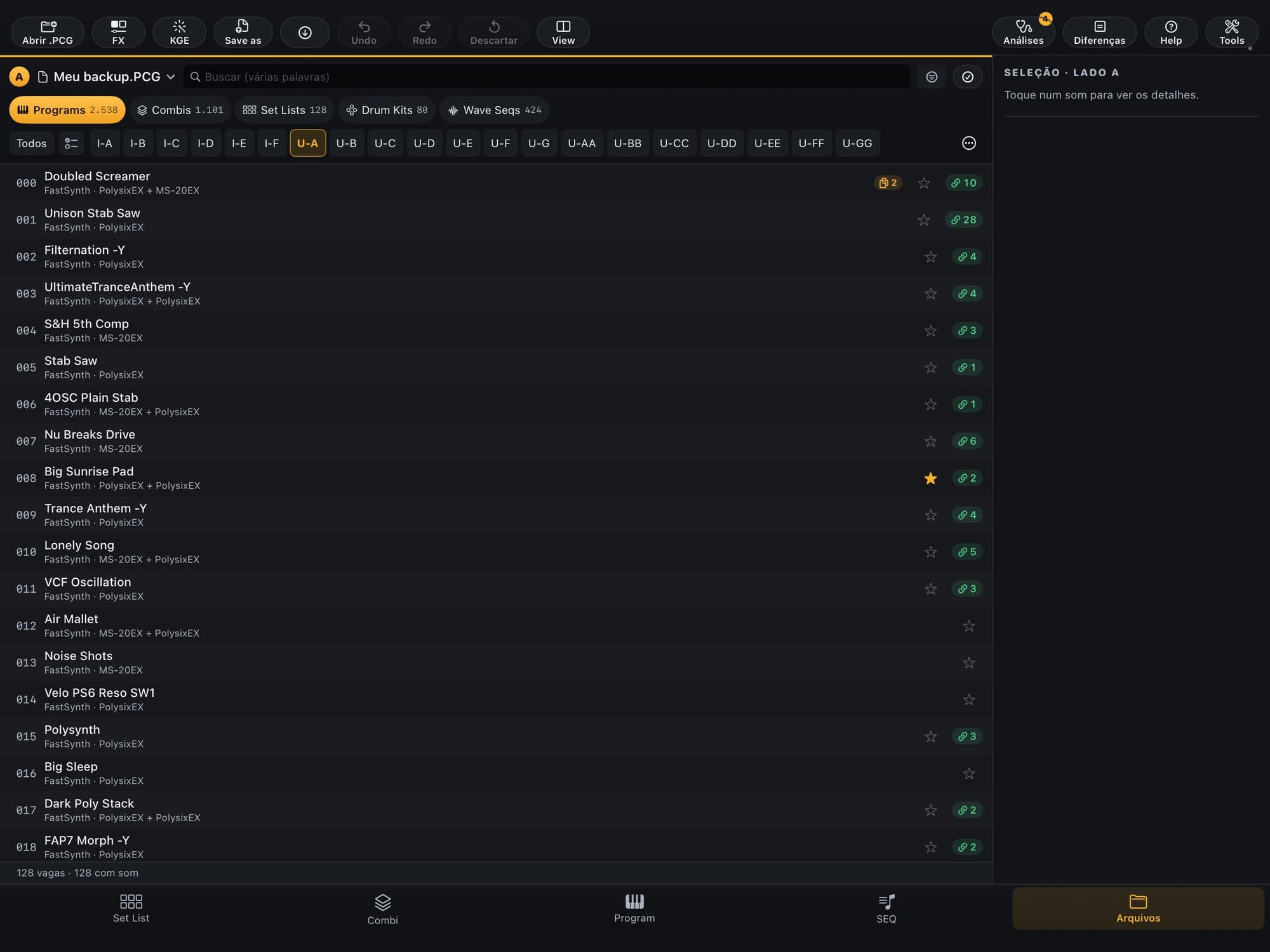 Tela Arquivos do KR Editor com um backup .PCG aberto: lista de Programs do banco U-A
