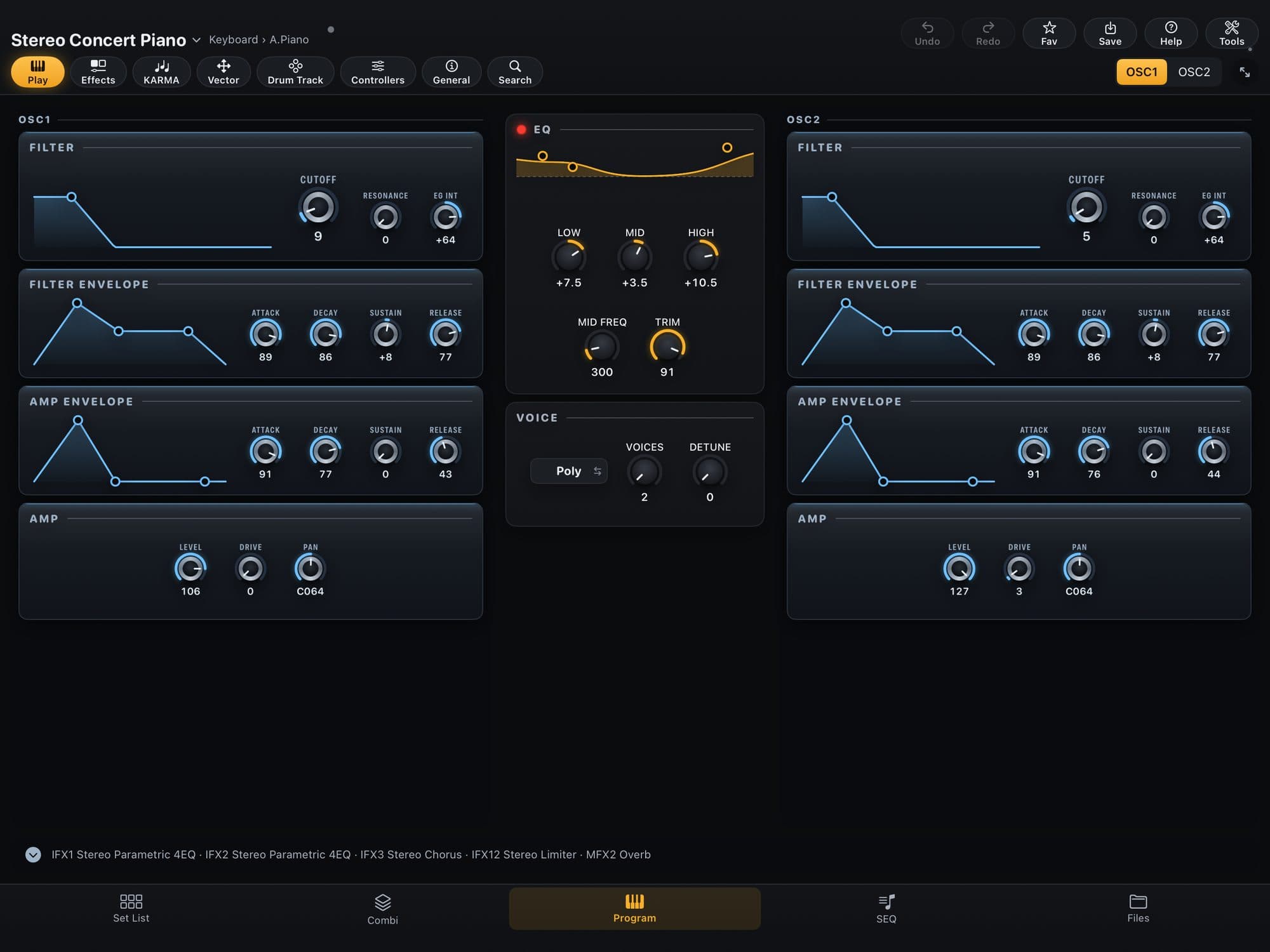HD-1 Program in KR Editor: oscillators, filter, envelopes, EQ and Voice, with the row of sections at the top