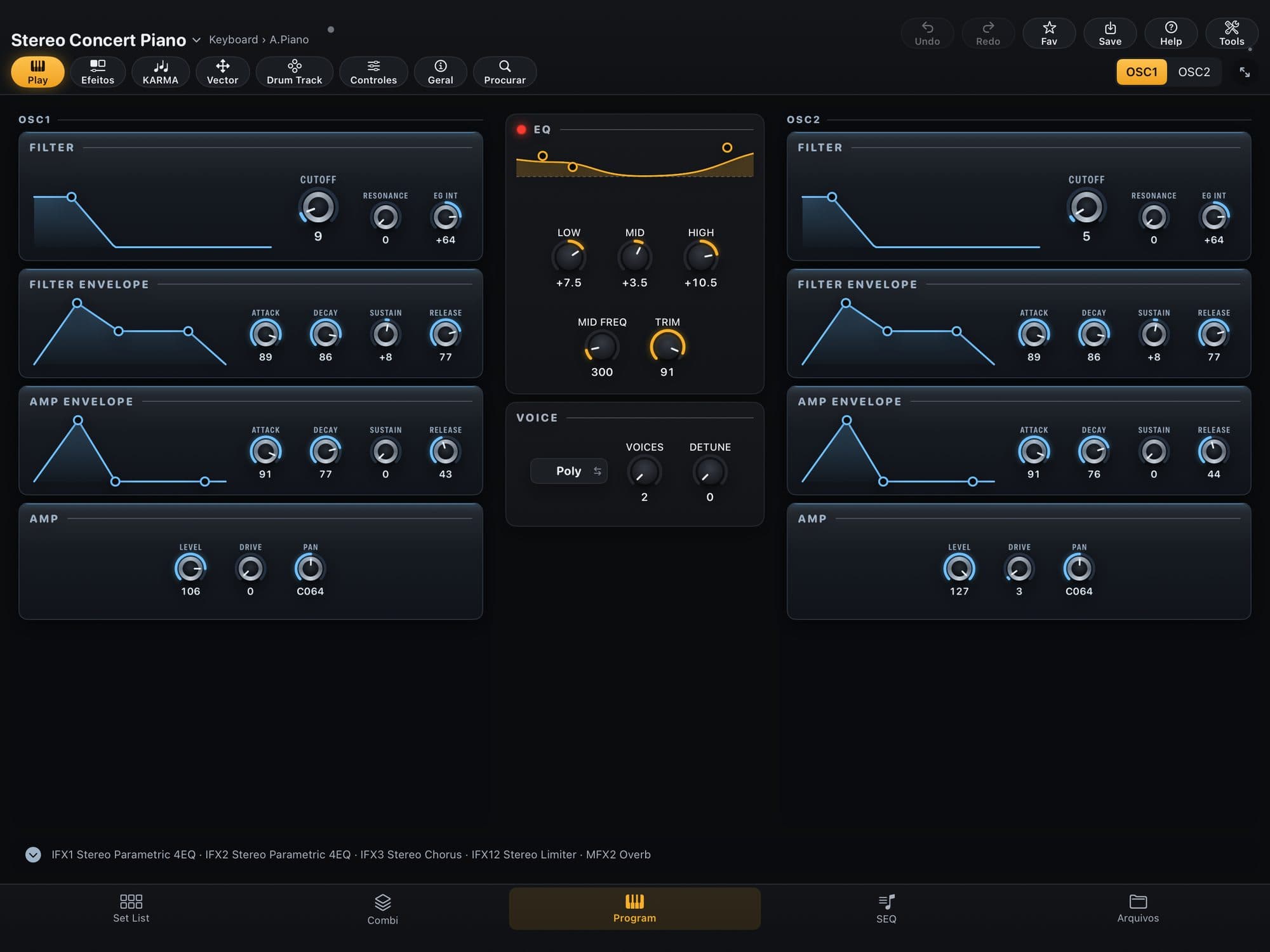 Program HD-1 no KR Editor: osciladores, filtro, envelopes, EQ e Voice, com a fileira de seções no alto