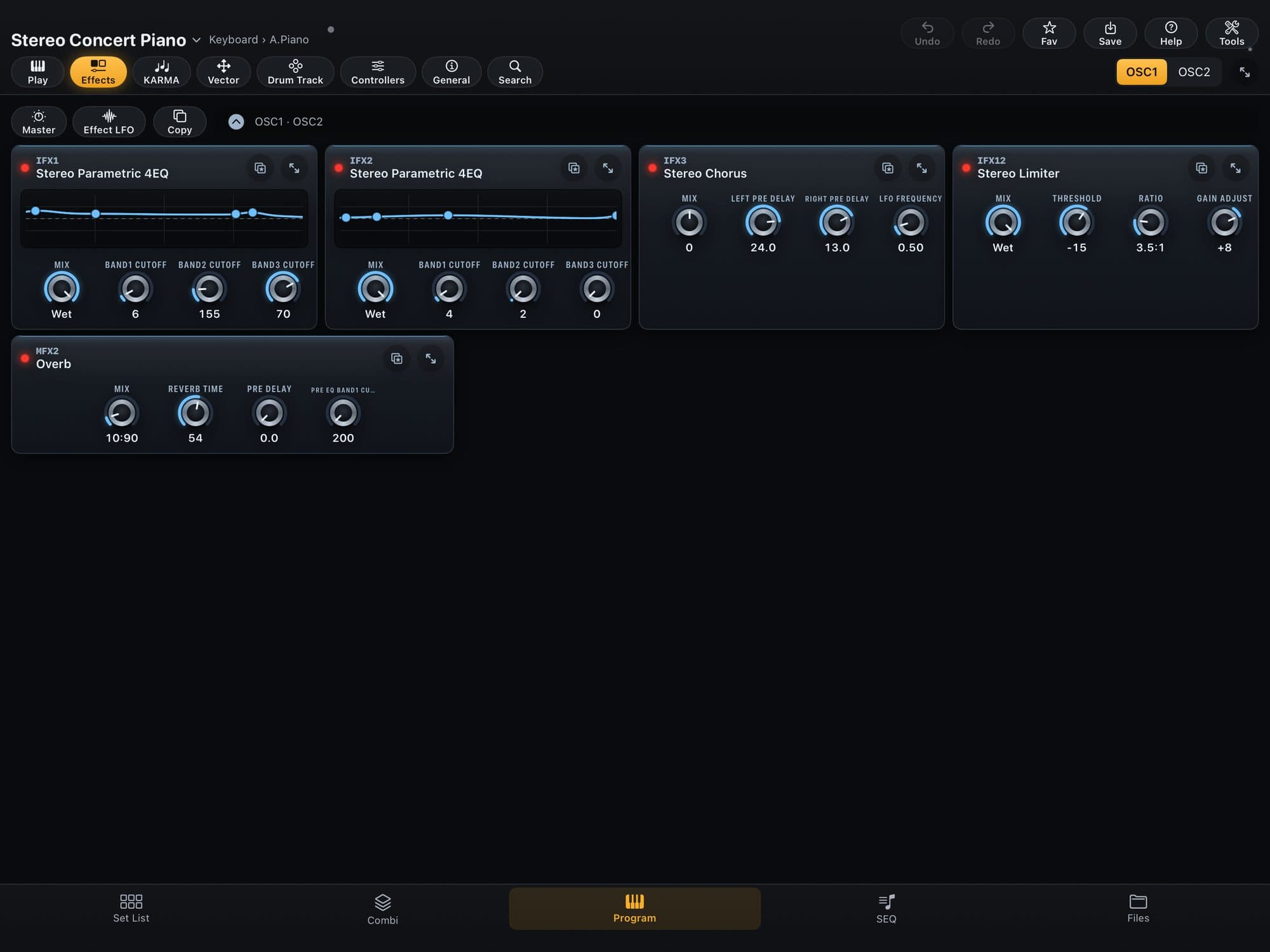 A Program’s effects page in KR Editor: one card per effect in use and, at the top left, the Master, Effect LFO and Copy icons
