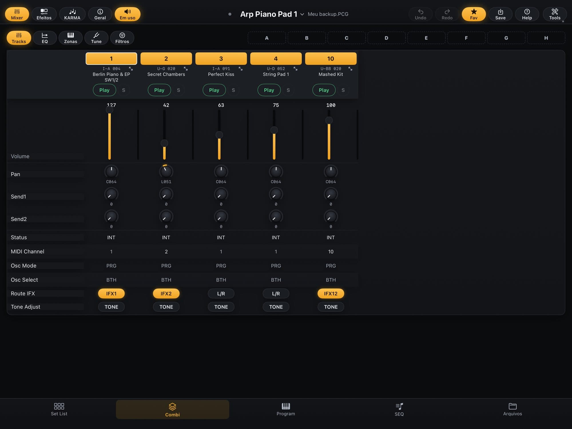 Mixer da Combi no KR Editor: cinco tracks em uso com volume, pan, sends, canal, Route IFX e Tone Adjust