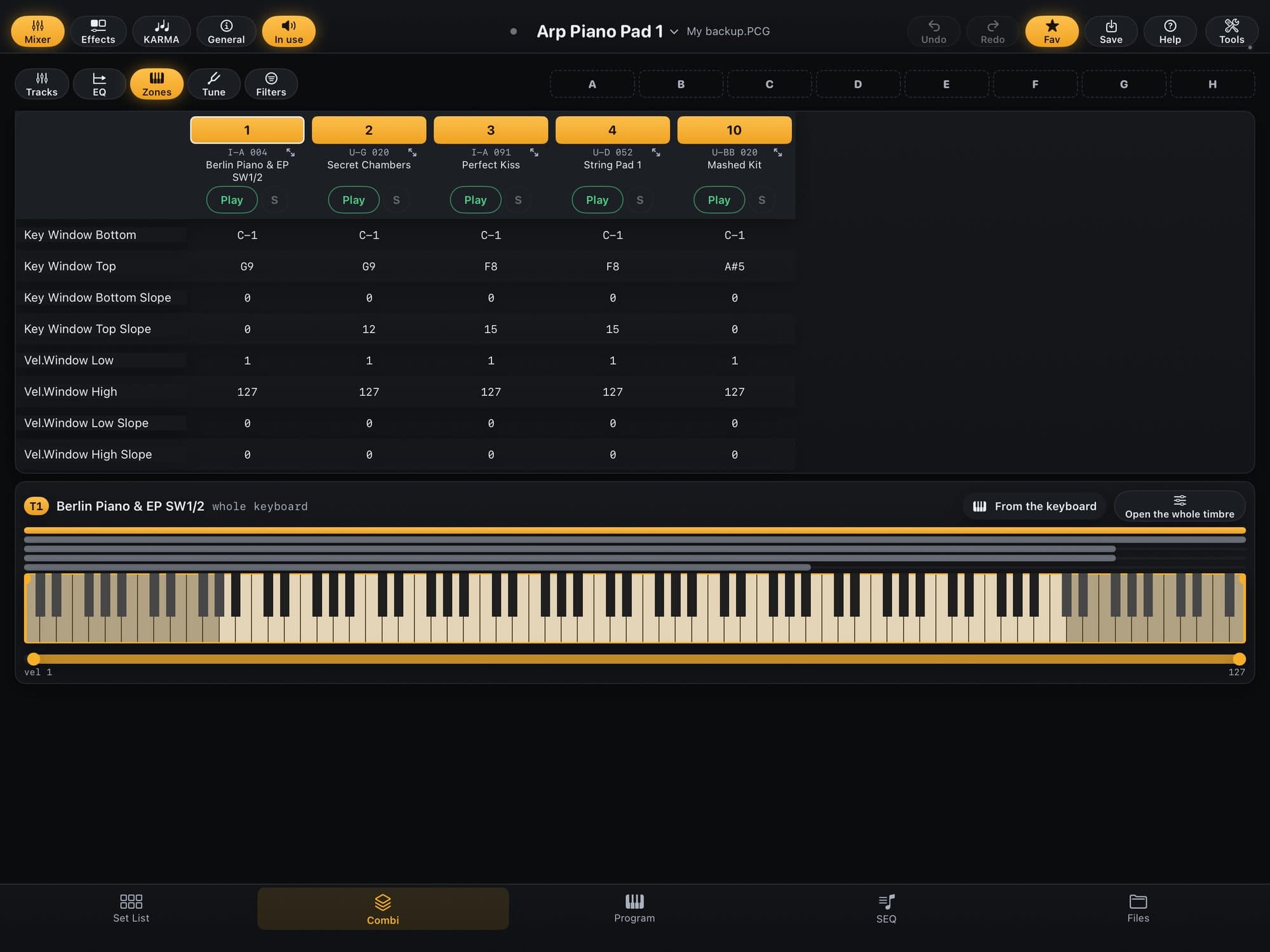 The Zones tab of the Combi in KR Editor: a drawn keyboard with the chosen track’s zone and the zones of the other tracks