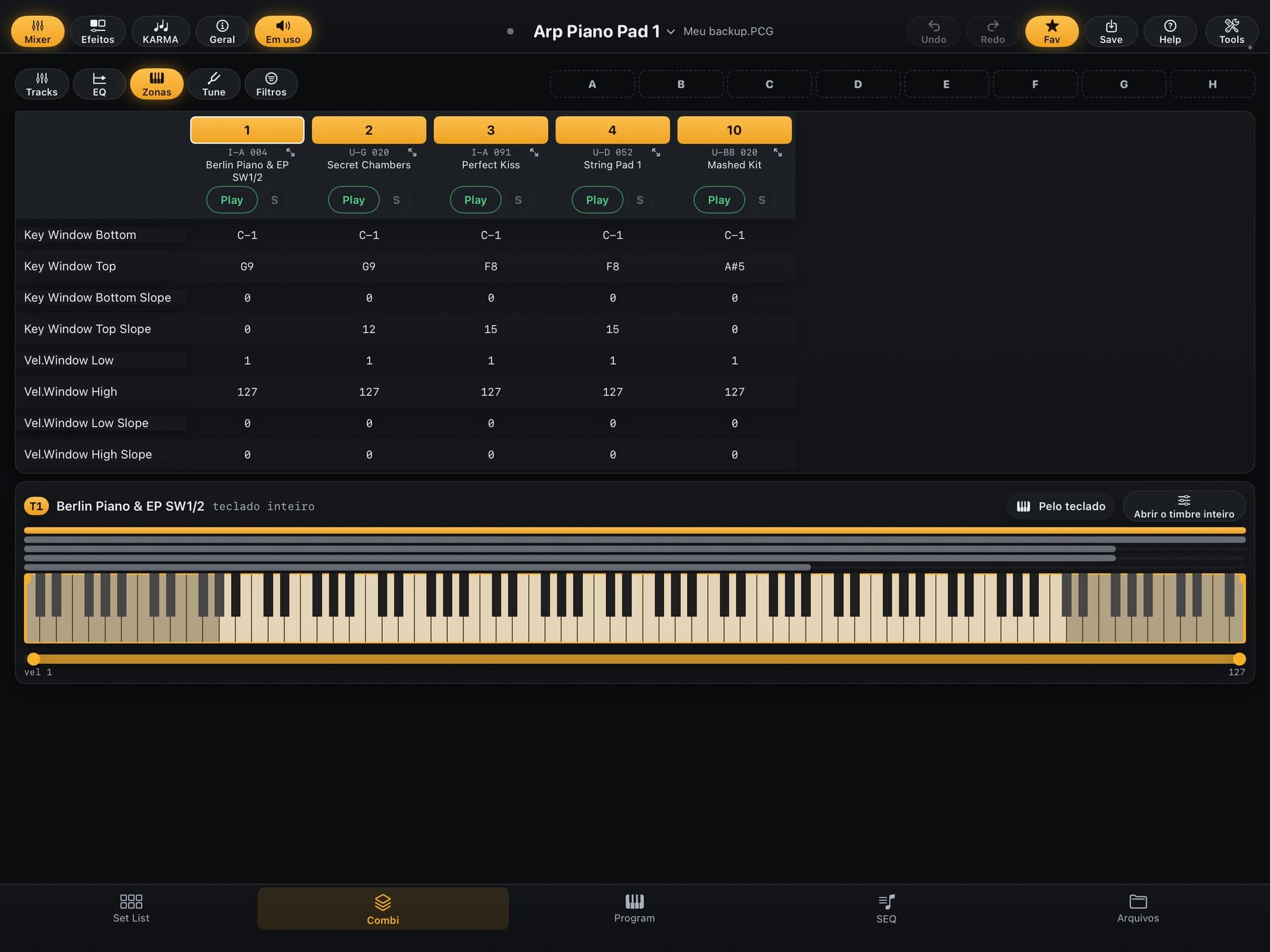 Aba Zonas da Combi no KR Editor: teclado desenhado com a zona da track escolhida e as zonas das outras tracks
