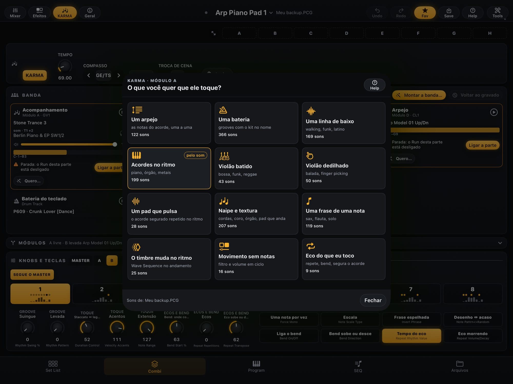 Tela Quero… do KR Editor: 12 cartões com o que o KARMA pode tocar, cada um com o número de sons que servem