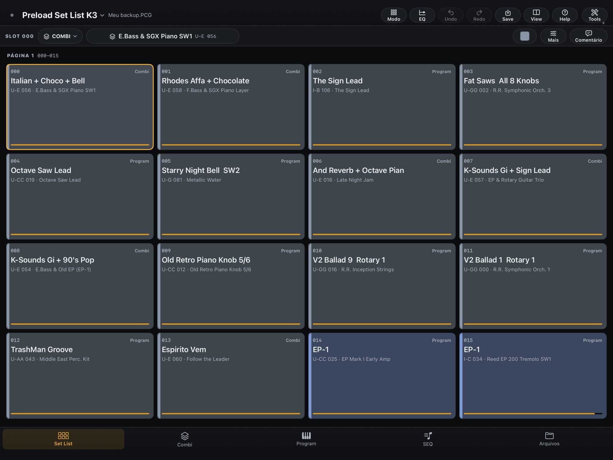 Set List no KR Editor: grade de 16 slots com Combis e Programs, o slot 000 escolhido e a barra do slot