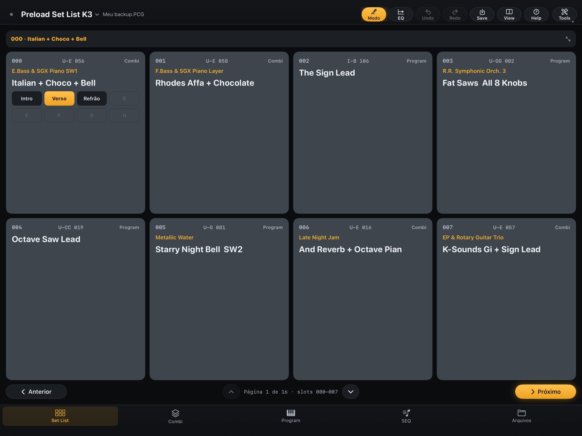 Modo Perform no KR Editor: 8 slots grandes, o primeiro com os botões das cenas da Combi, e as setas Anterior e Próximo no rodapé