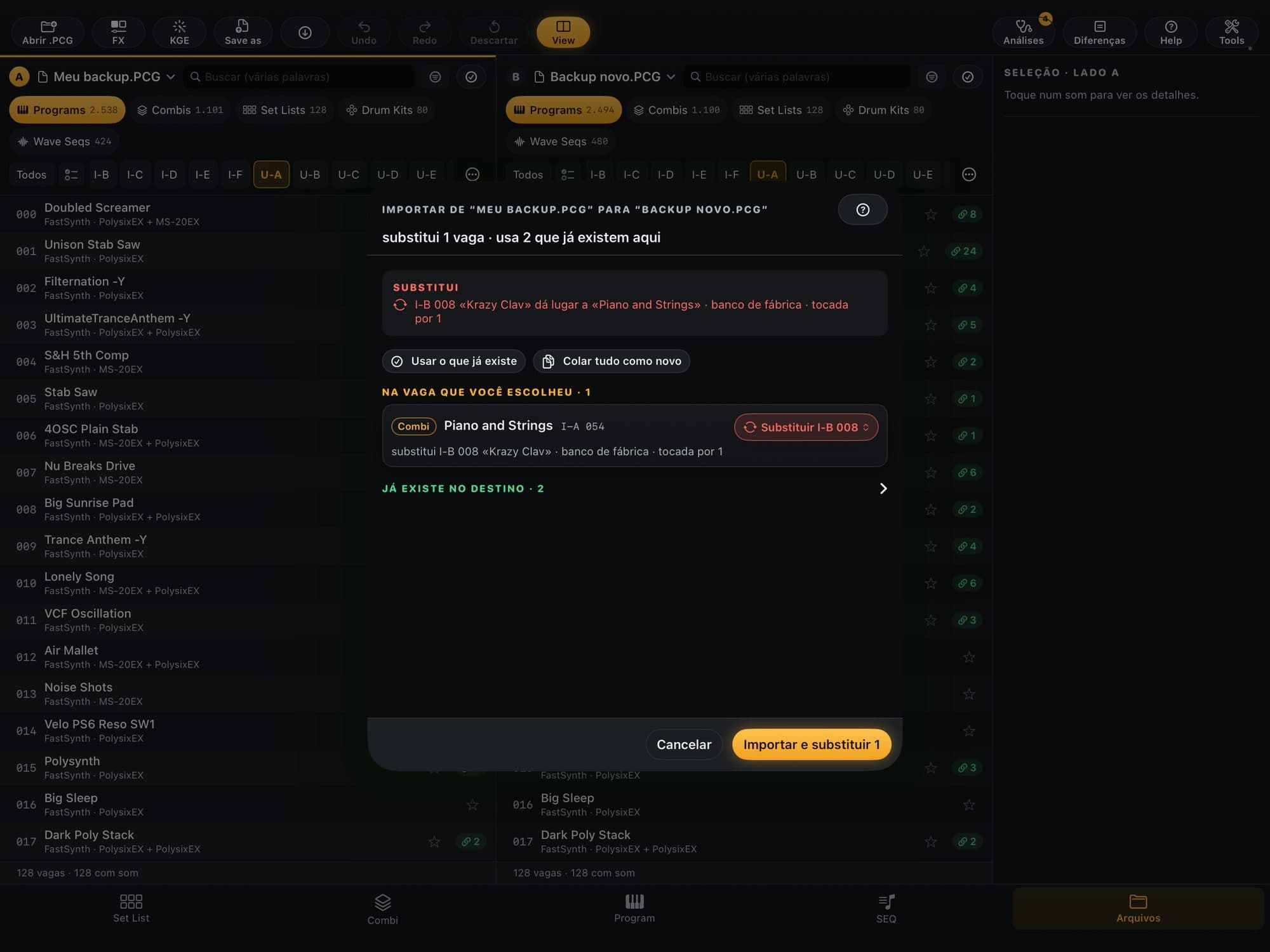Prévia de importação no KR Editor: a Combi vindo de um .PCG para outro, com a linha SUBSTITUI e o botão Importar e substituir