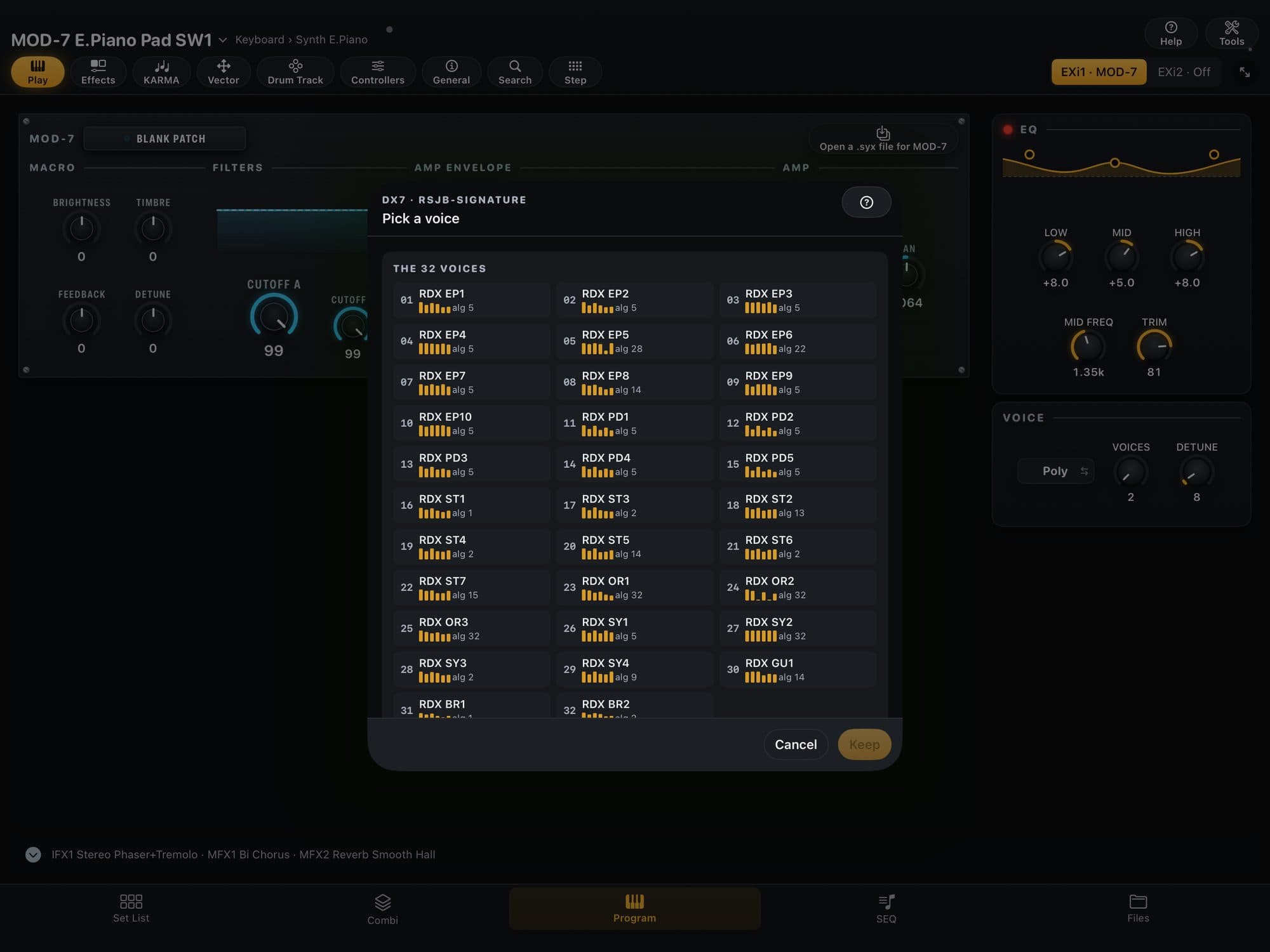 KR Editor’s “The 32 voices” sheet over the MOD-7 panel, with a DX7 bank open