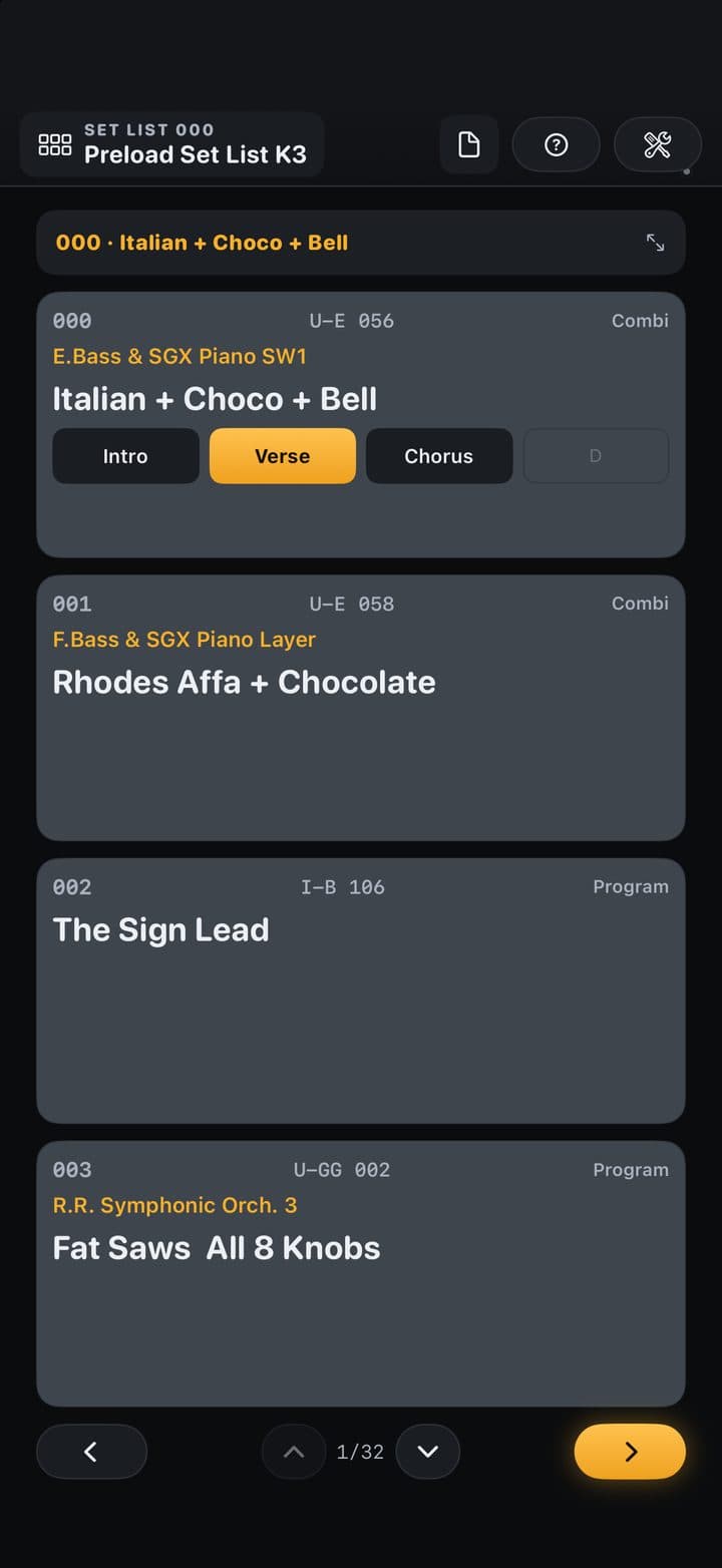 KR Editor on iPhone: the Set List in Perform mode, with four tall slots; the first one shows the Combi’s row of scene buttons