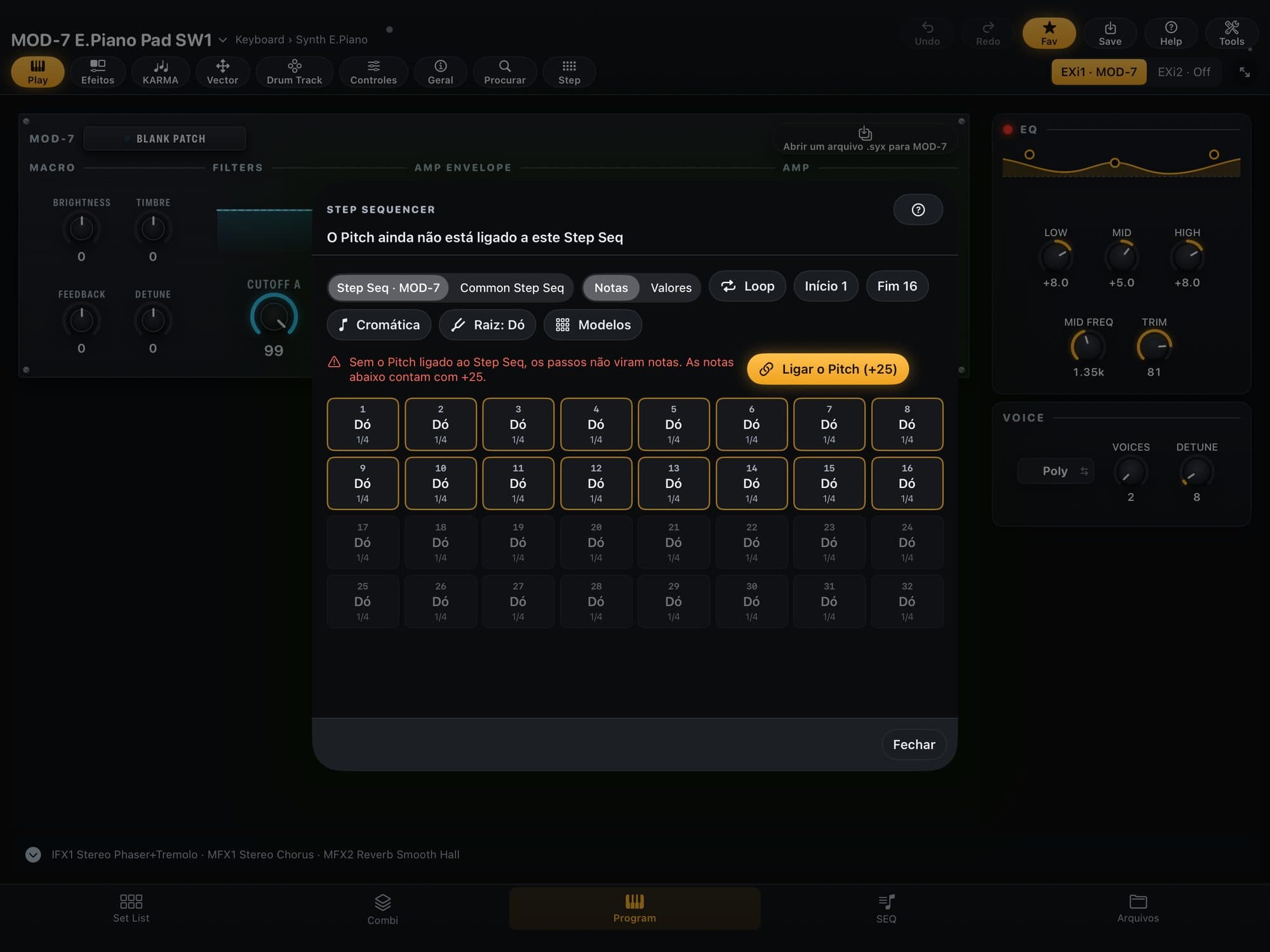 Folha do Step Sequencer do KR Editor sobre um Program MOD-7: os 32 passos com o nome da nota, Notas e Valores, escala, raiz e Modelos, e o aviso para ligar o Pitch
