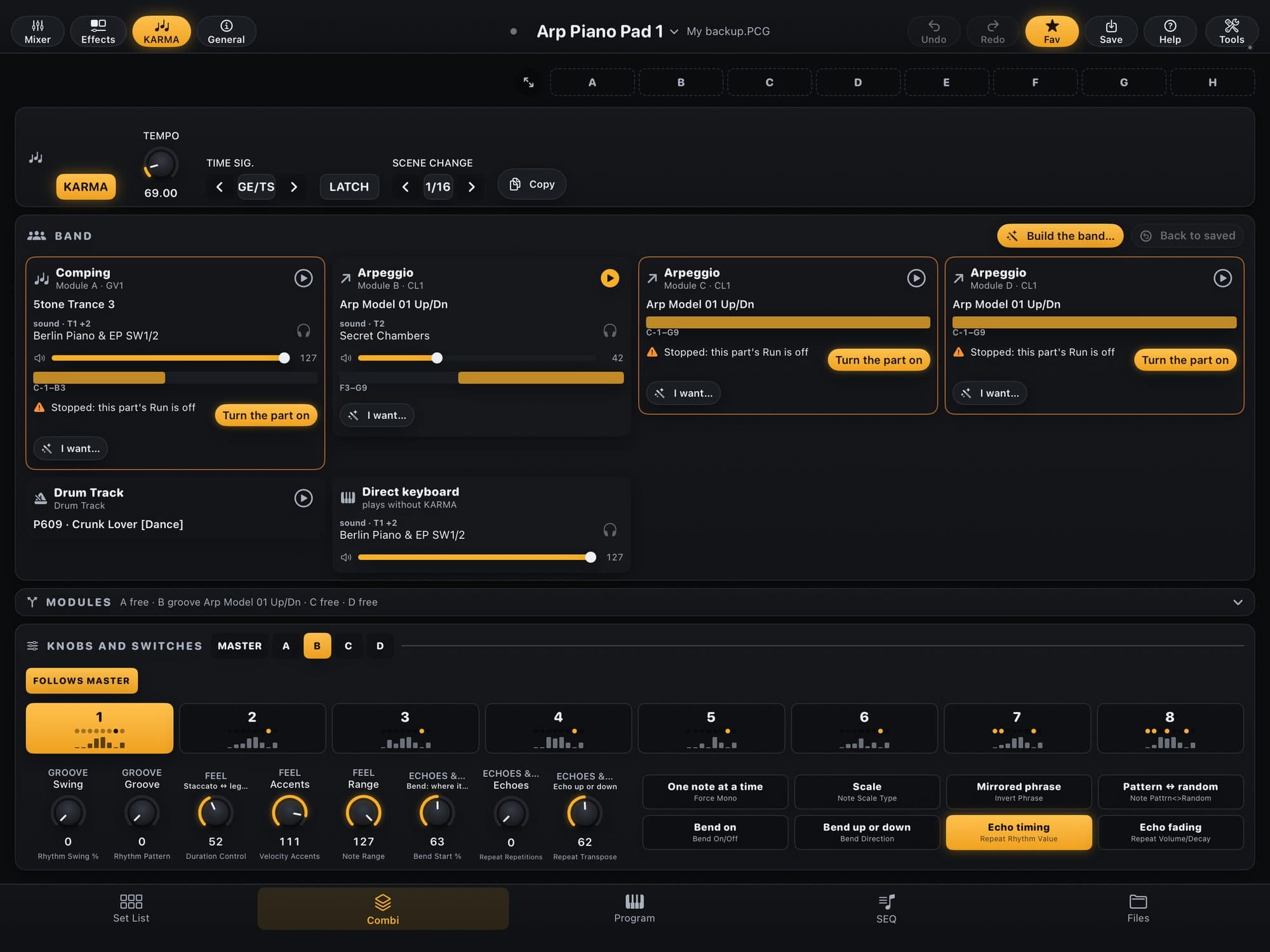KR Editor’s KARMA page for a Combi: the top strip, the BAND with comping and arpeggio cards, the keyboard drum track, the modules and the knobs