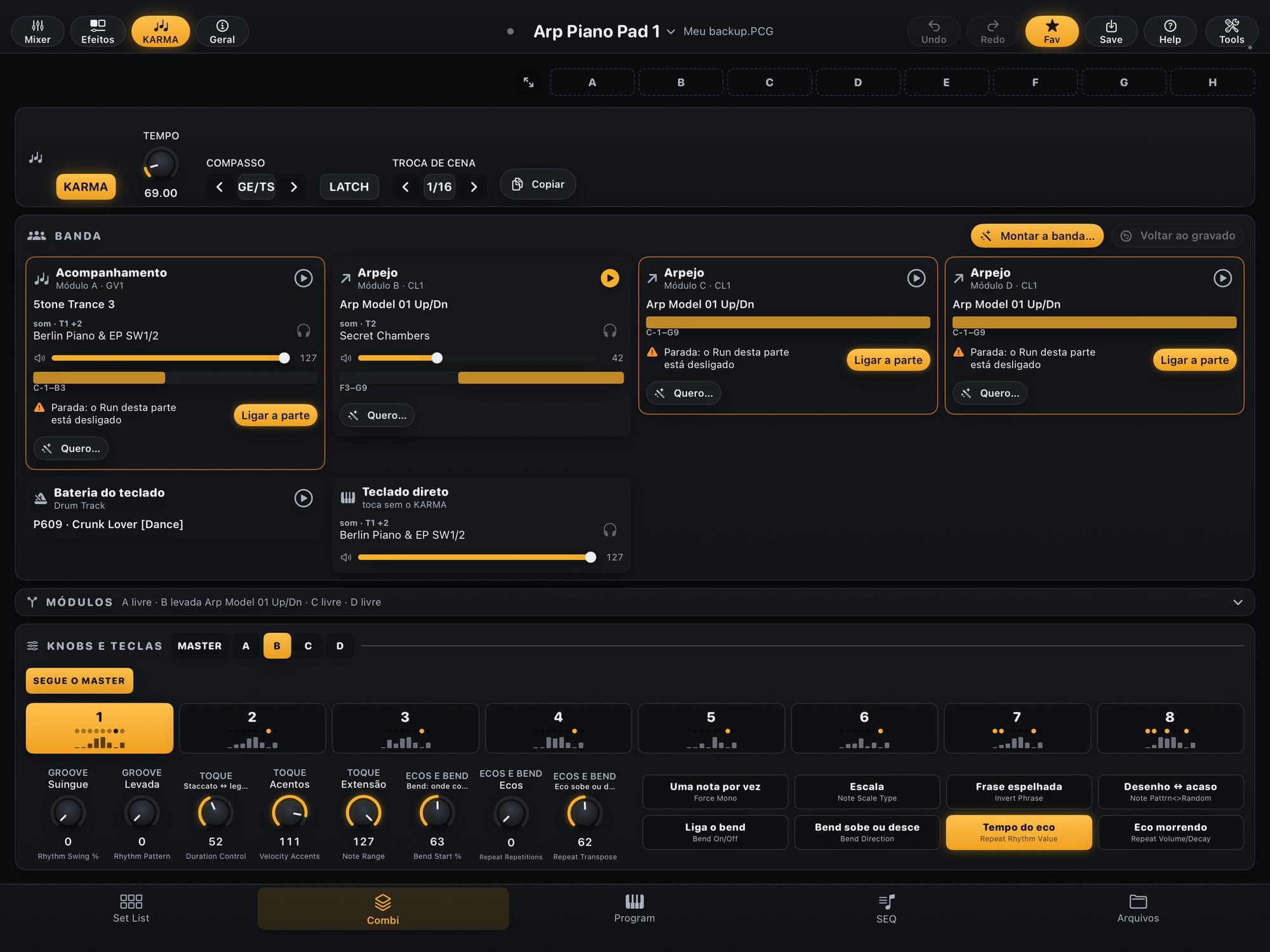 Página KARMA da Combi no KR Editor: a faixa do alto, a BANDA com cartões de acompanhamento e arpejo, a bateria do teclado, os módulos e os knobs