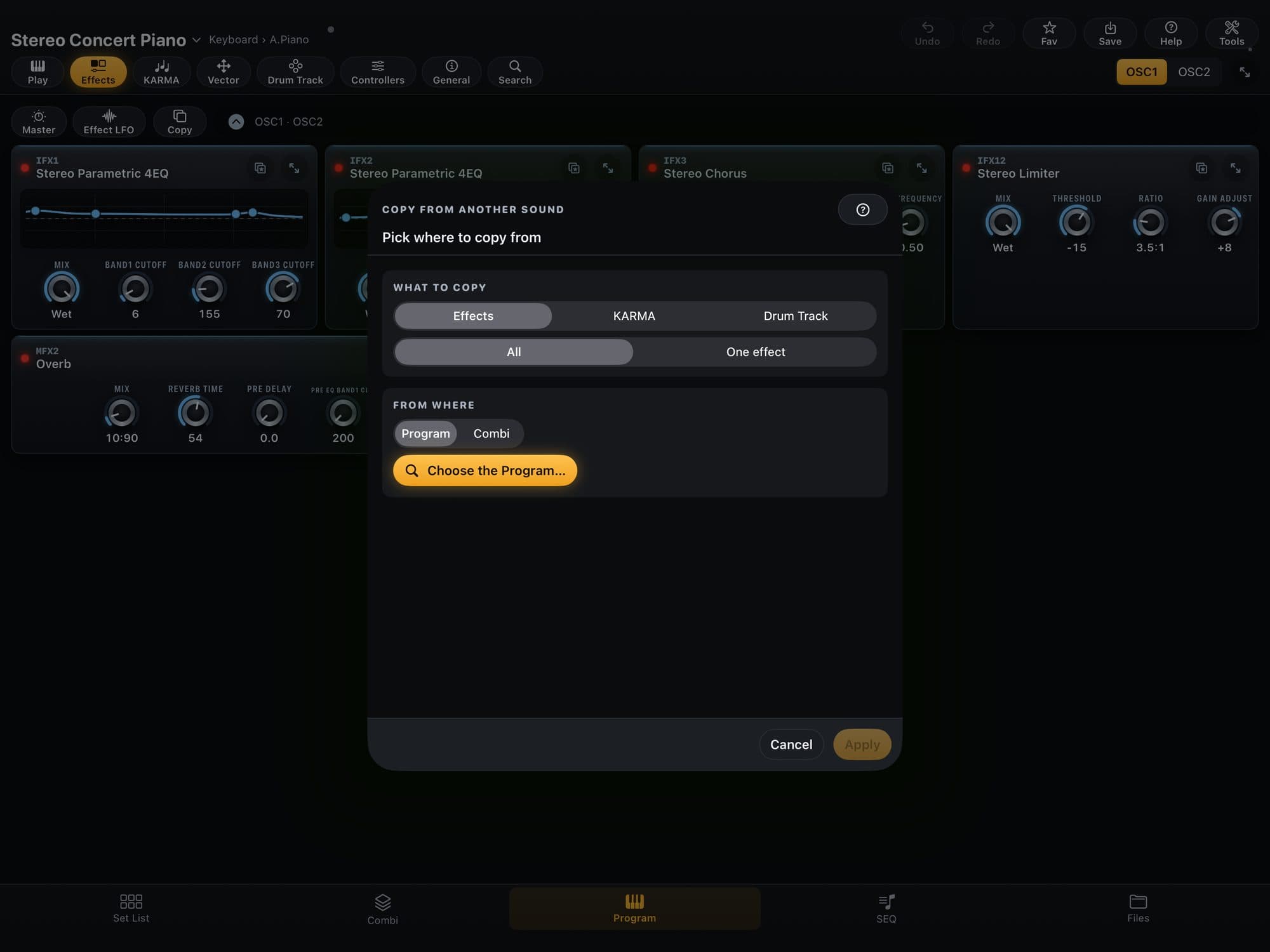 KR Editor’s “Copy from another sound” sheet over the effects page: WHAT TO COPY (Effects, KARMA, Drum Track; All or One effect) and FROM WHERE (Program or Combi)