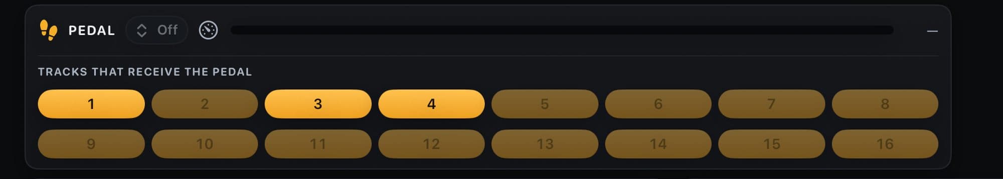 KR Editor’s PEDAL card and the buttons 1 to 16 for the tracks that receive the pedal