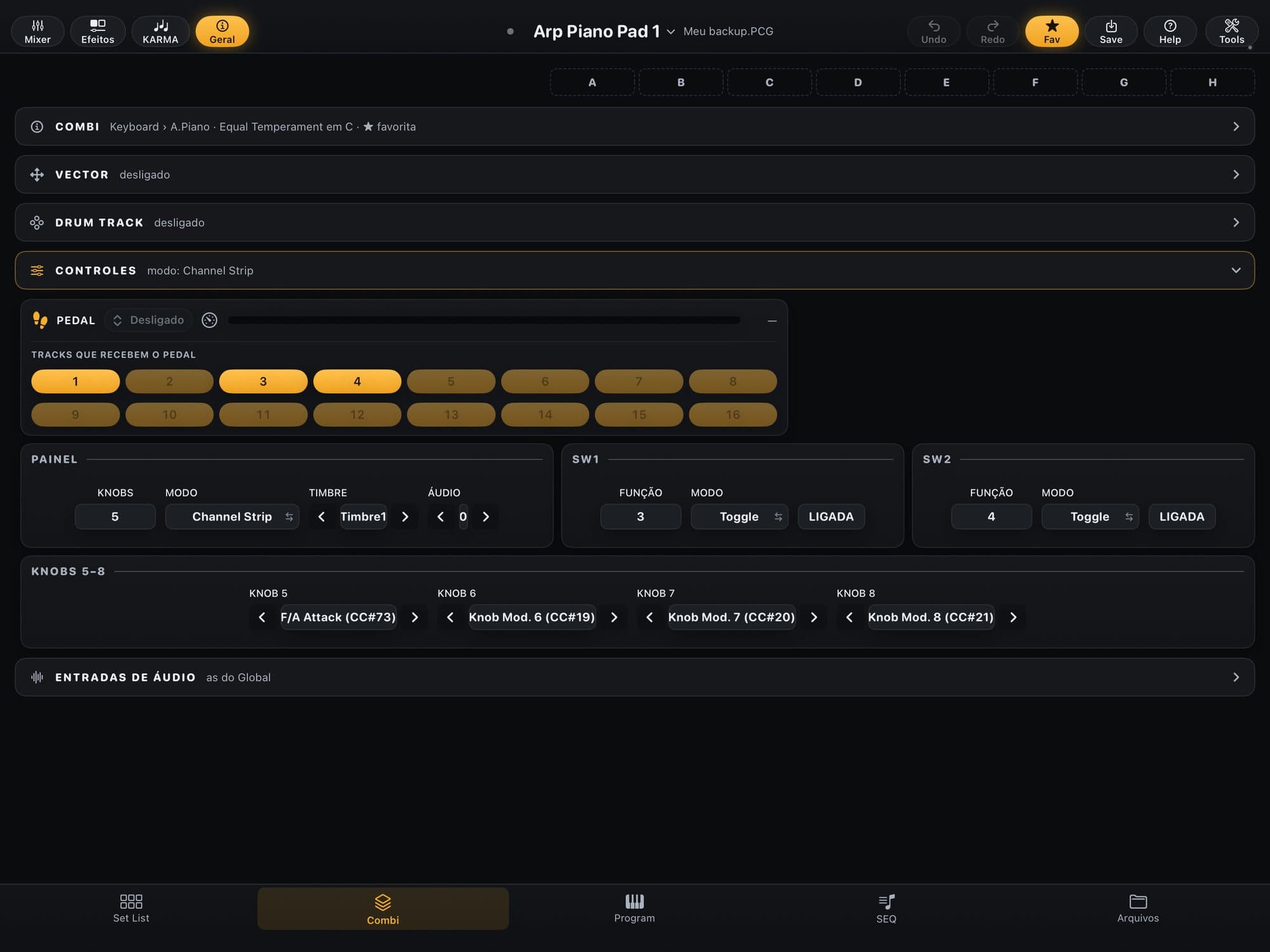 Página Geral da Combi no KR Editor com a gaveta Controles aberta: o cartão PEDAL e os botões 1 a 16 das tracks que recebem o pedal, e os painéis SW1 e SW2