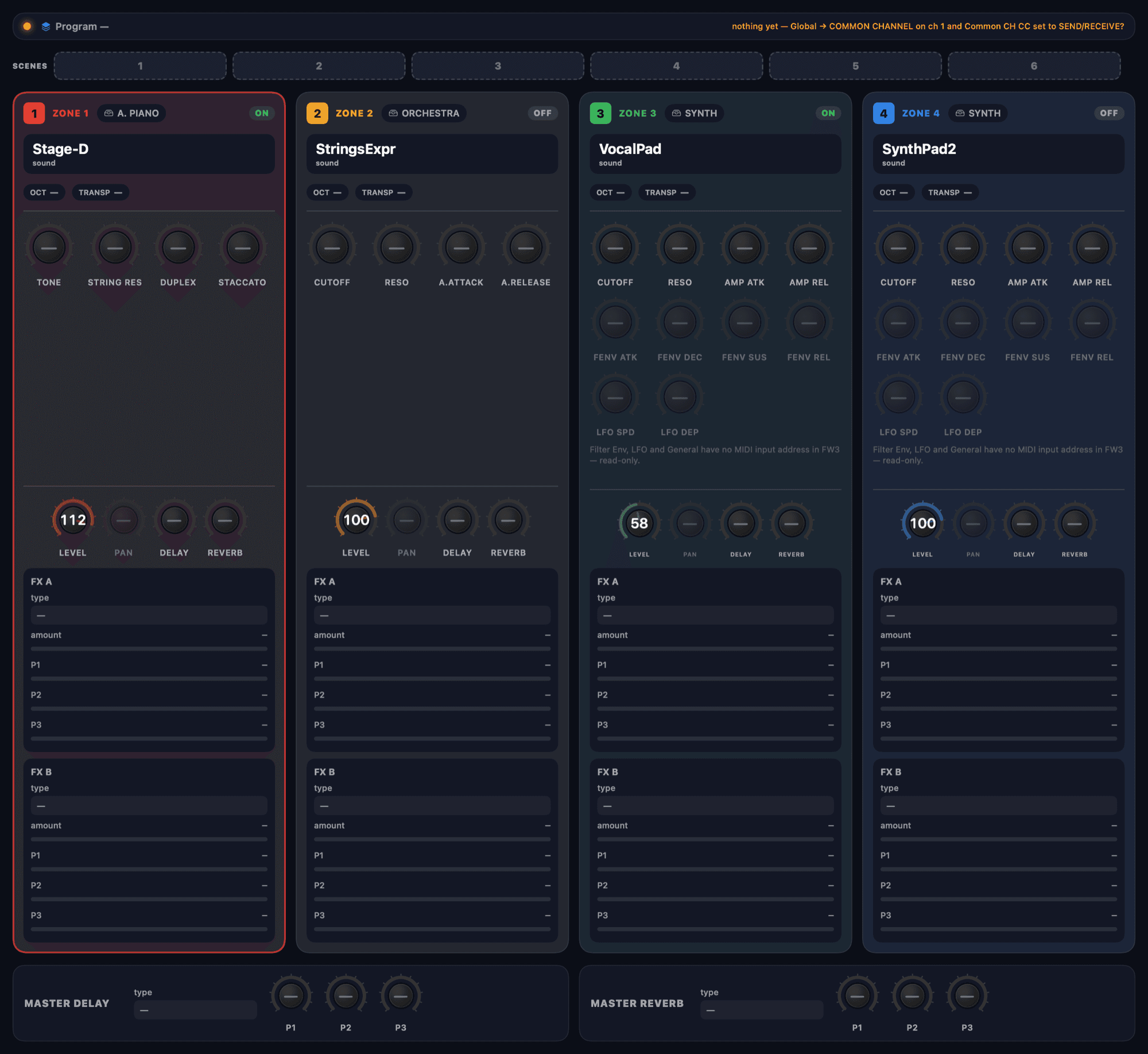 NX Editor — Remote panel for a stage piano — all four Zones on one screen — iPhone, iPad & Mac (1)
